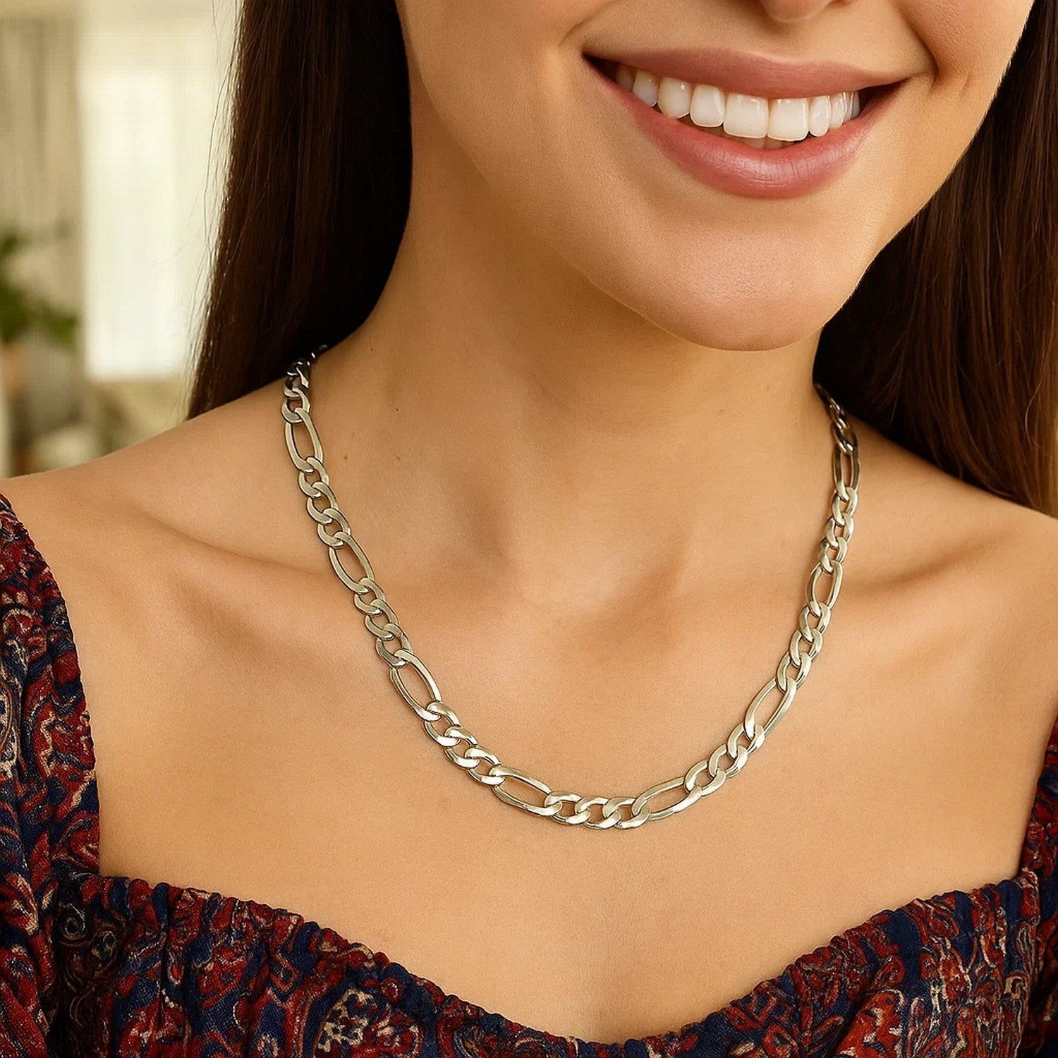 Rhodium Plated Sterling Silver Figaro Style Chain (8.10 mm)