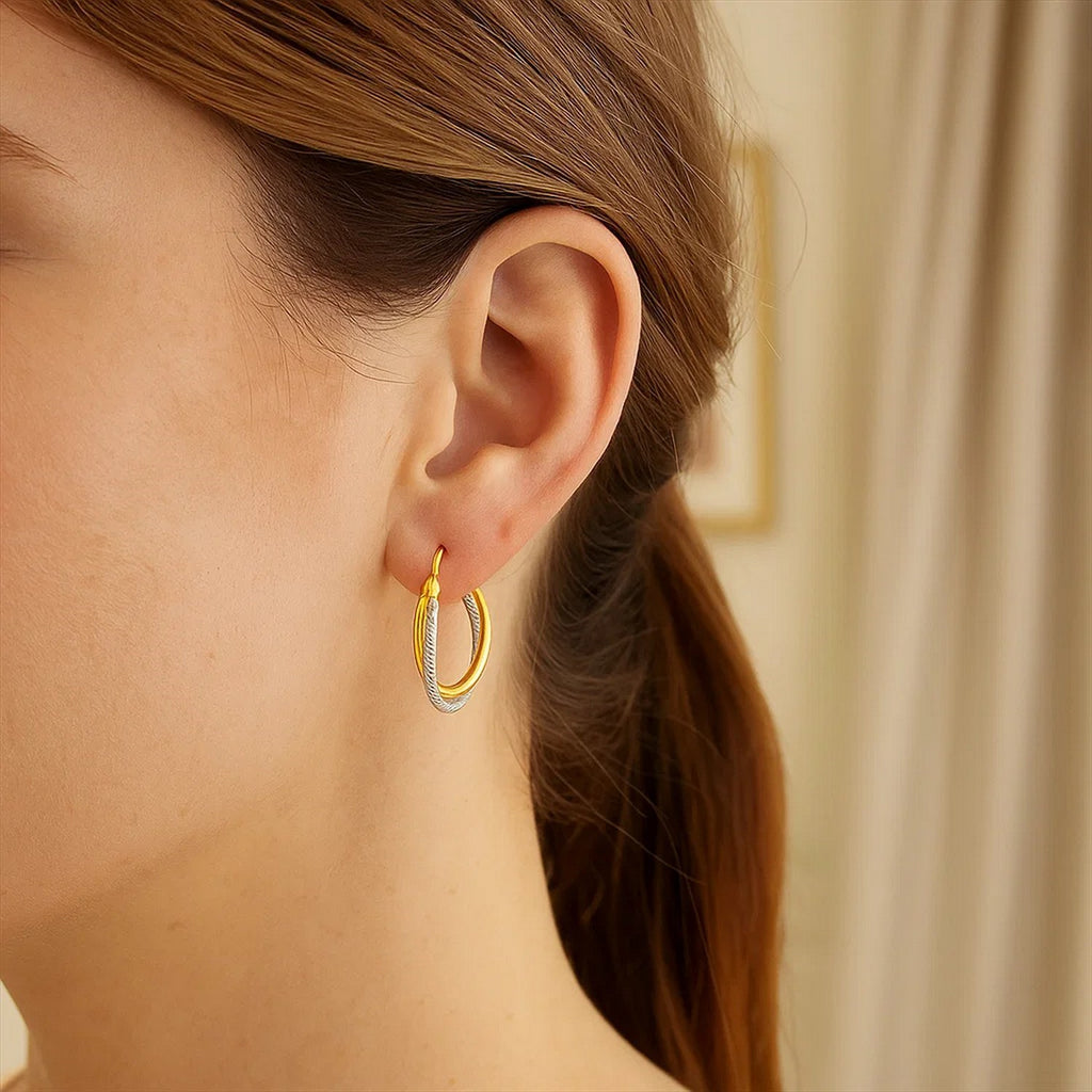 14k Two Tone Gold Double Polished and Textured Hoop Earrings