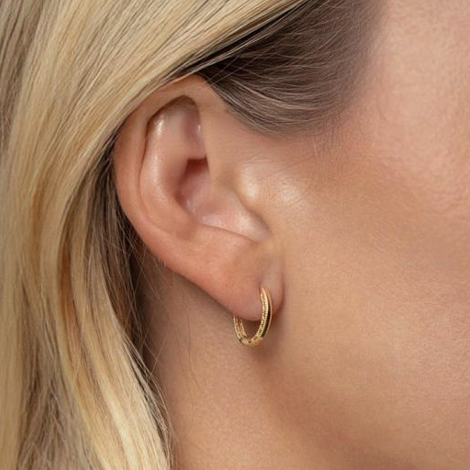 14K Yellow Gold Mini Beaded Round Huggie Earrings