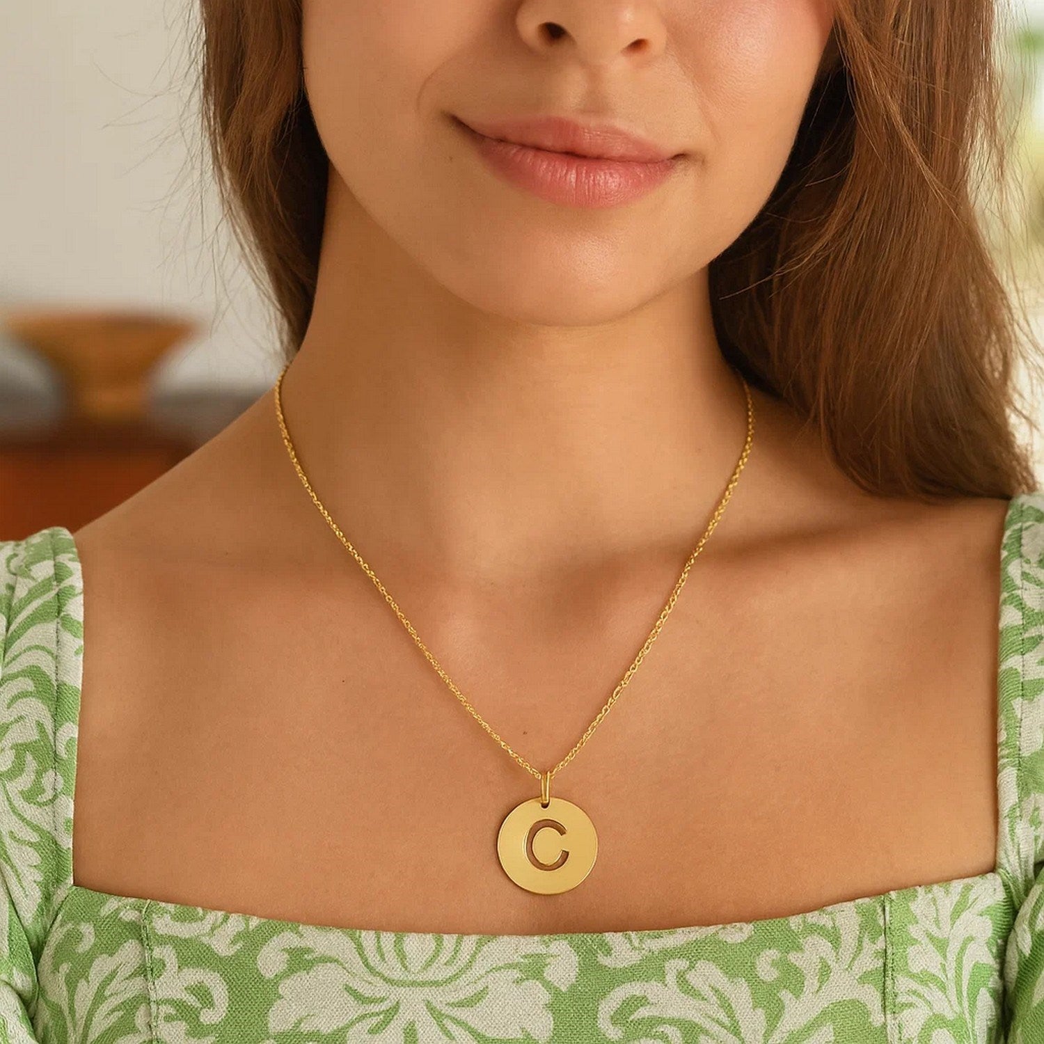 14K Yellow Gold Disc Initial C Pendant