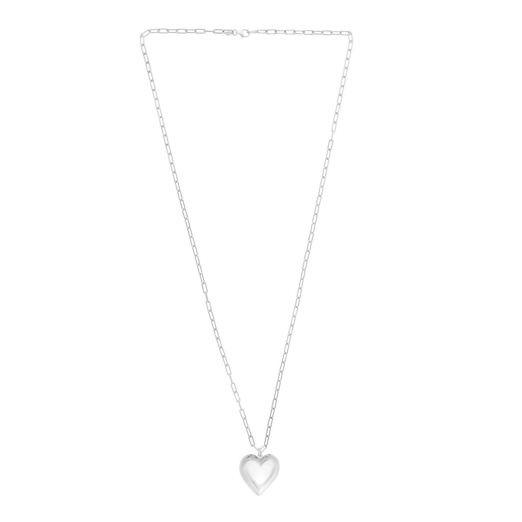 Sterling Silver Rhodium Plated Large Puffed Heart Long Necklace
