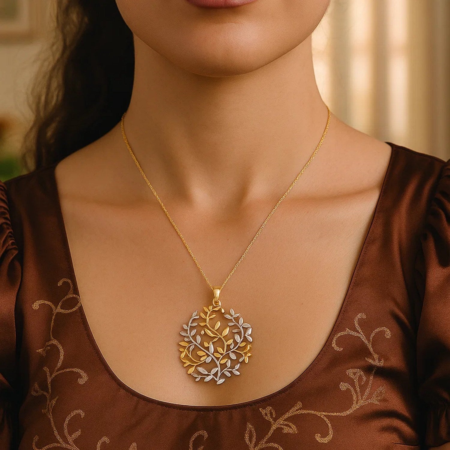 14k Two-Tone Yellow and White Gold Tree of Life Pendant