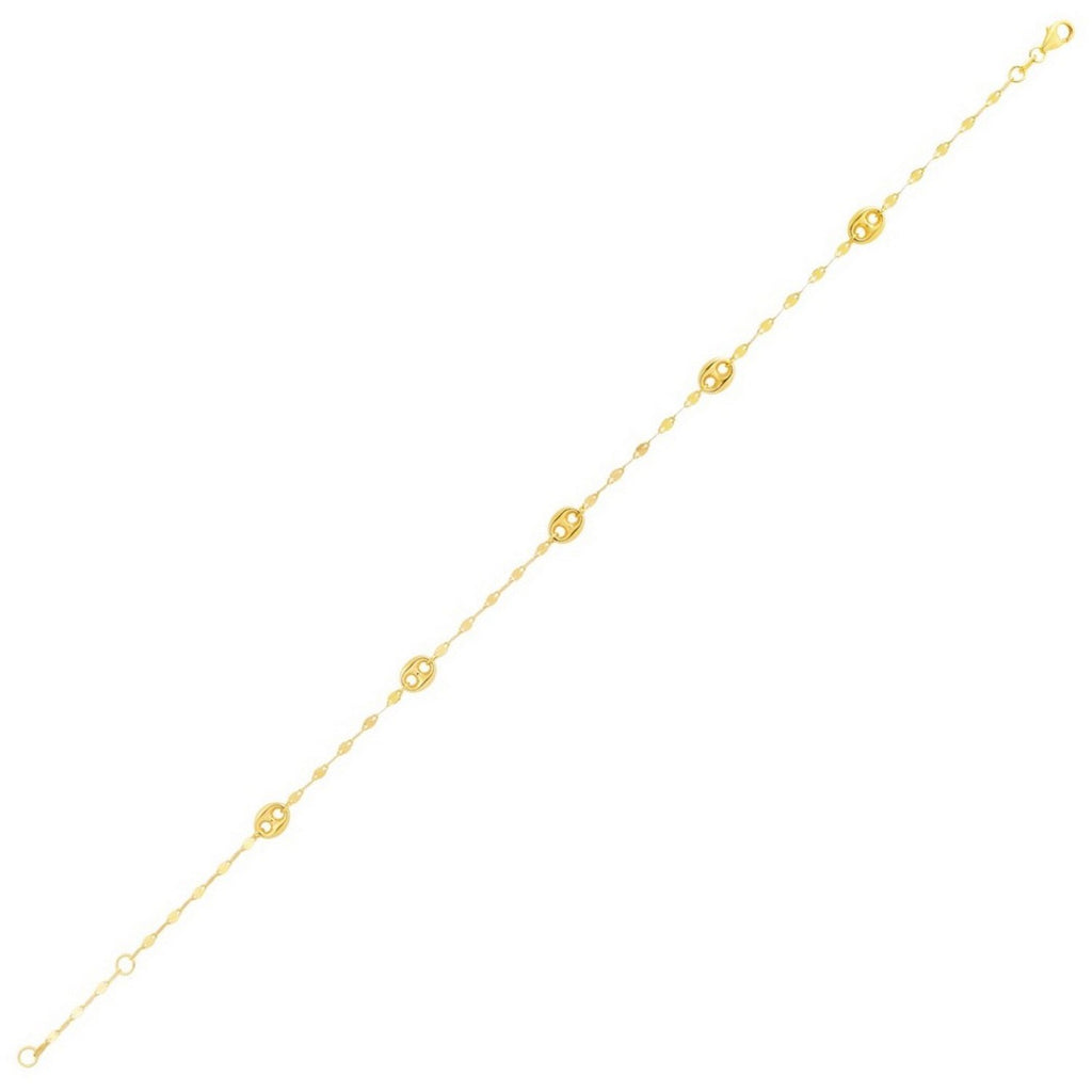 14K Yellow Gold Mirror Chain and Puffed Mariner Station Anklet