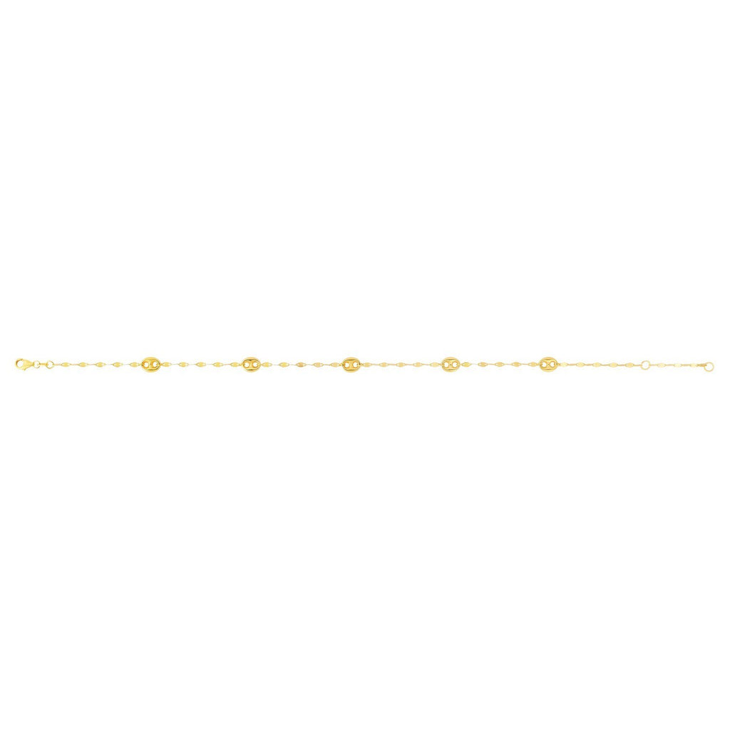 14K Yellow Gold Mirror Chain and Puffed Mariner Station Anklet