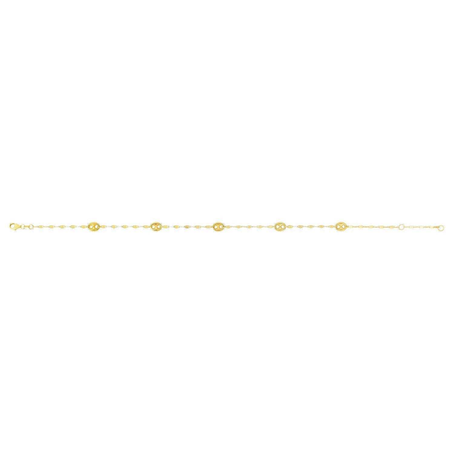 14K Yellow Gold Mirror Chain and Puffed Mariner Station Anklet