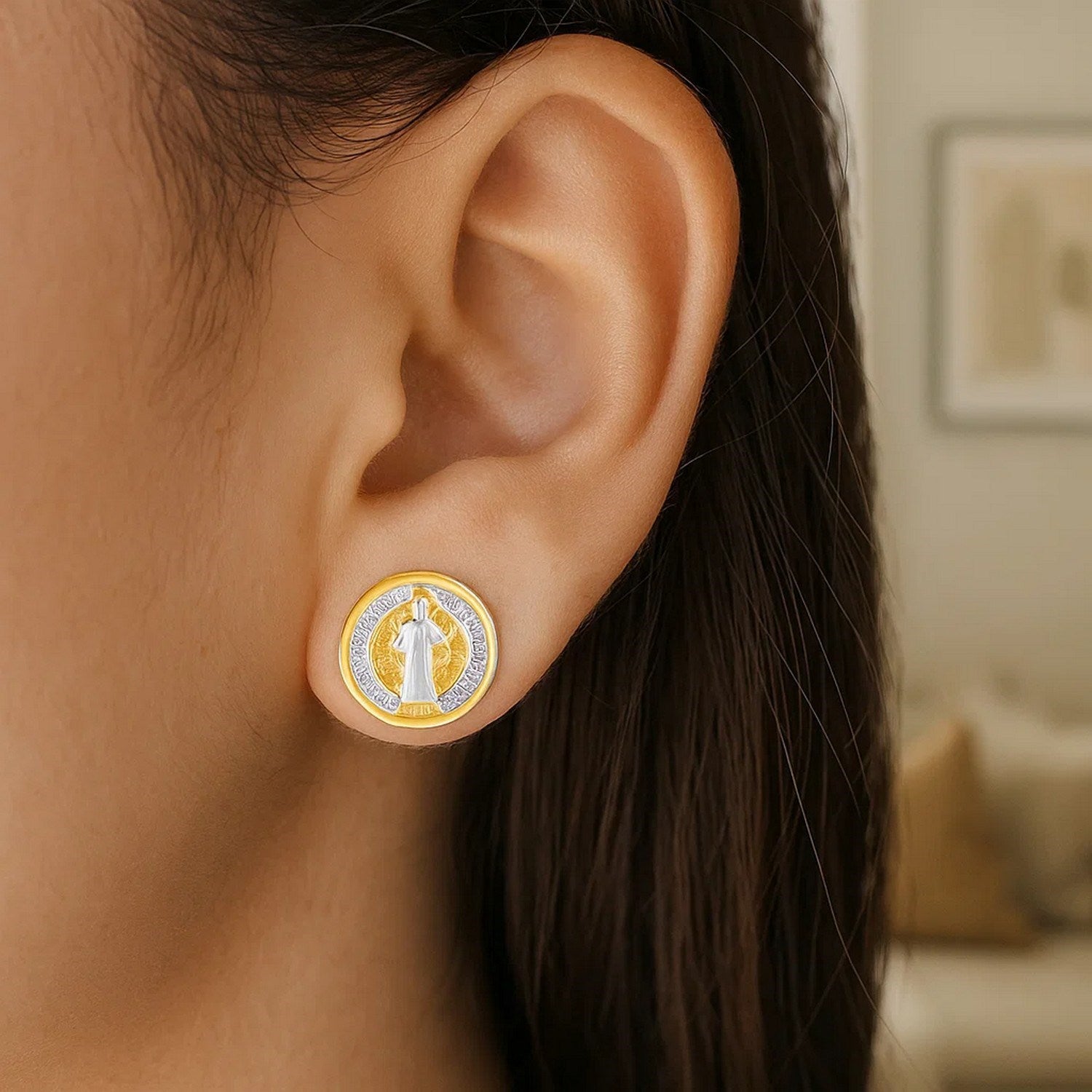 14k Two Tone Gold Round Religious Medal Post Earrings(8mm)
