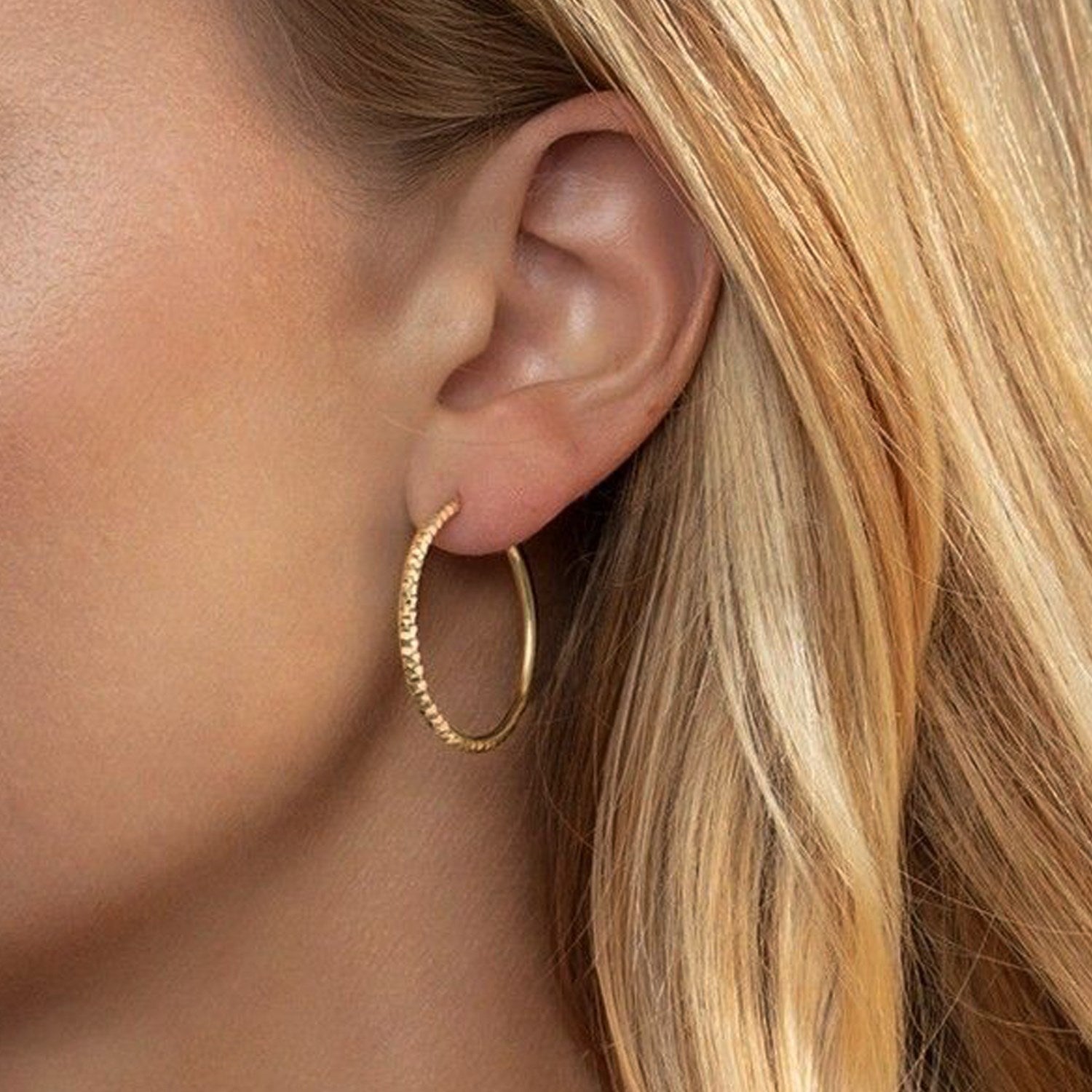 14K Yellow Gold Faceted Round Hoop Earrings