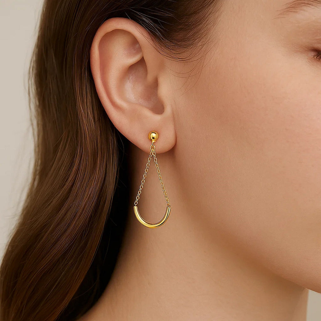 14k Yellow Gold Curved Chain Drop Earrings