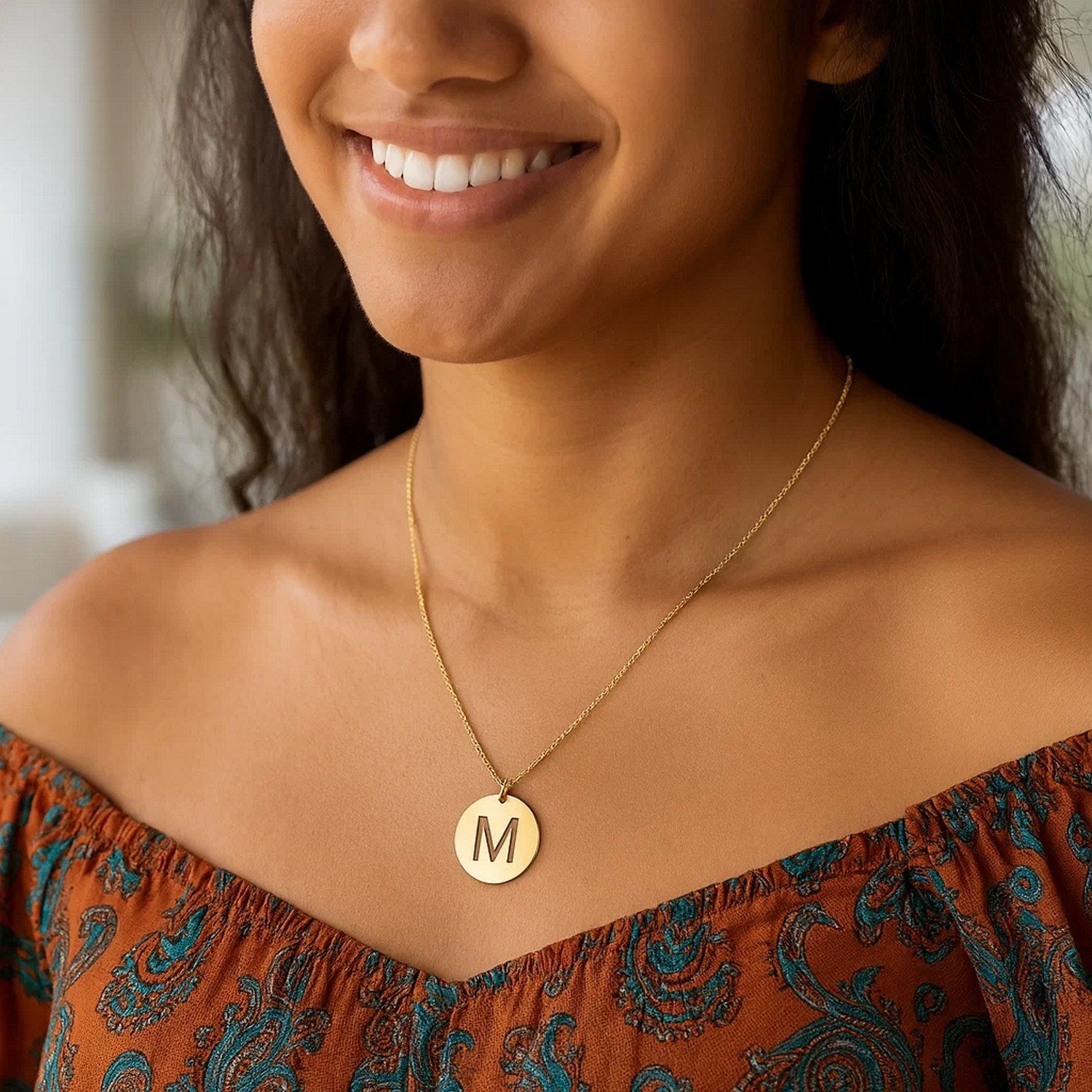 14K Yellow Gold Disc Initial M Pendant
