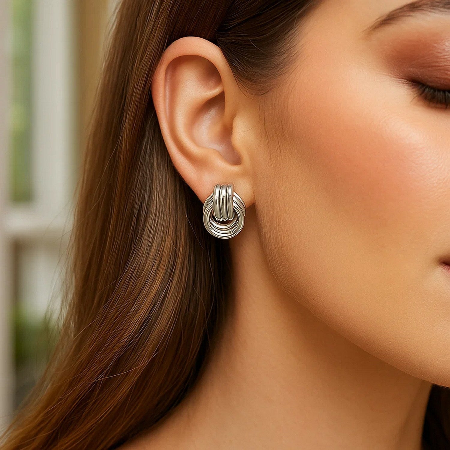 Polished Love Knot Earrings with Interlocking Rings in Sterling Silver(15mm)