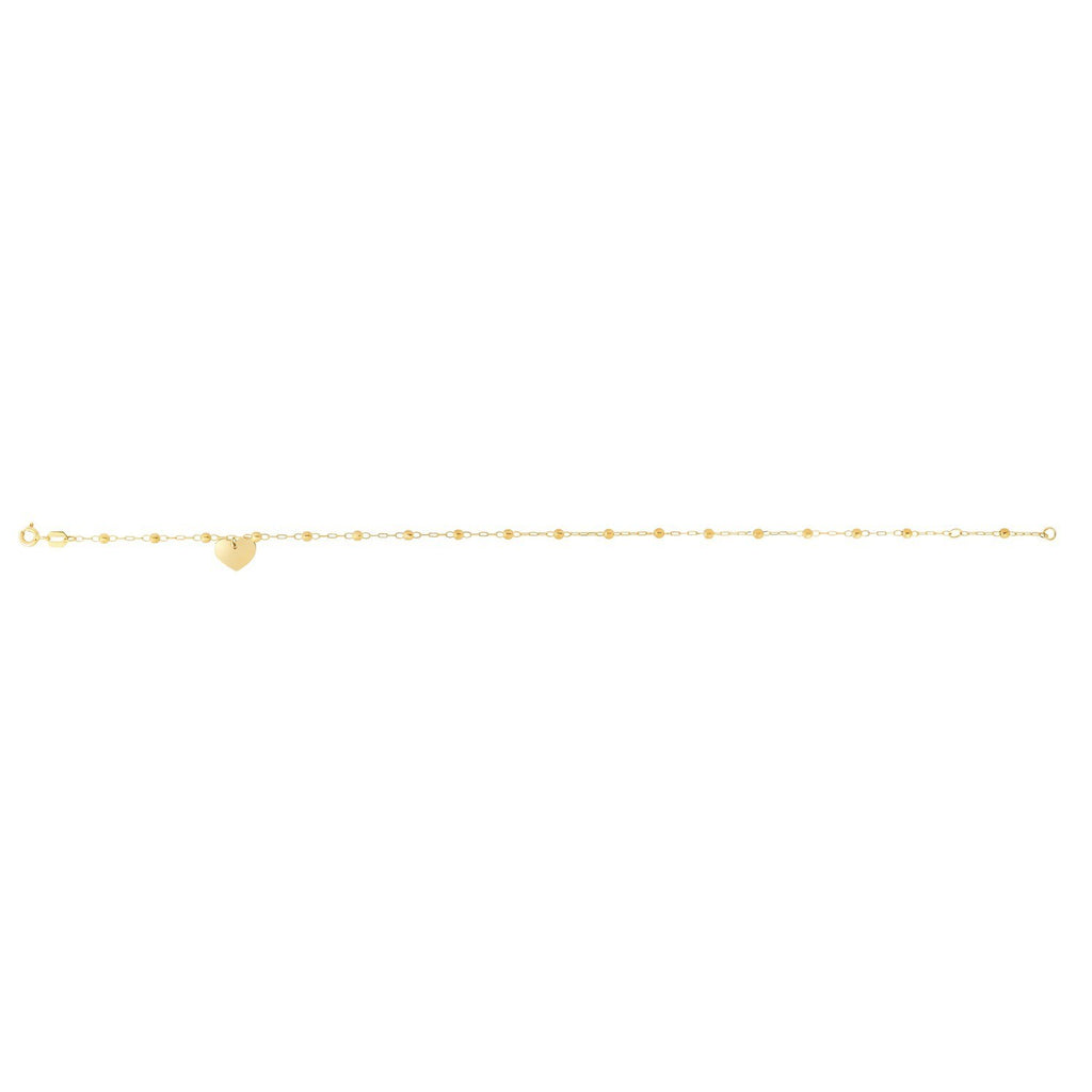 14K Yellow Gold Dangle Heart and Bead Station Anklet
