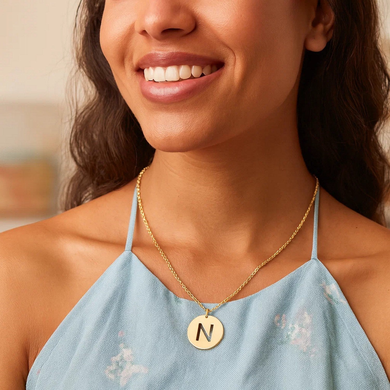 14K Yellow Gold Disc Initial N Pendant