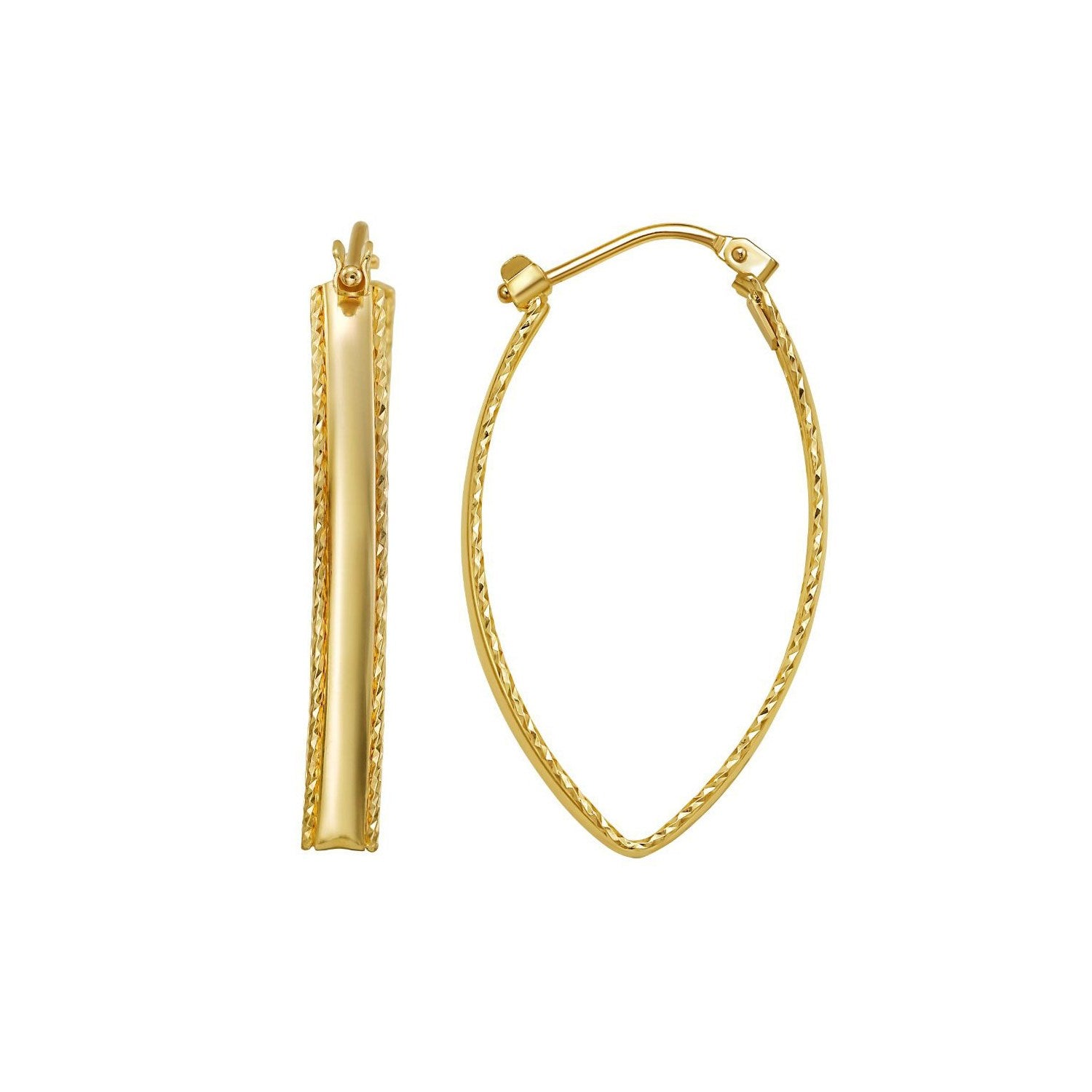 14K Yellow Gold Large Diamond Cut Marquise Hoop Earrings