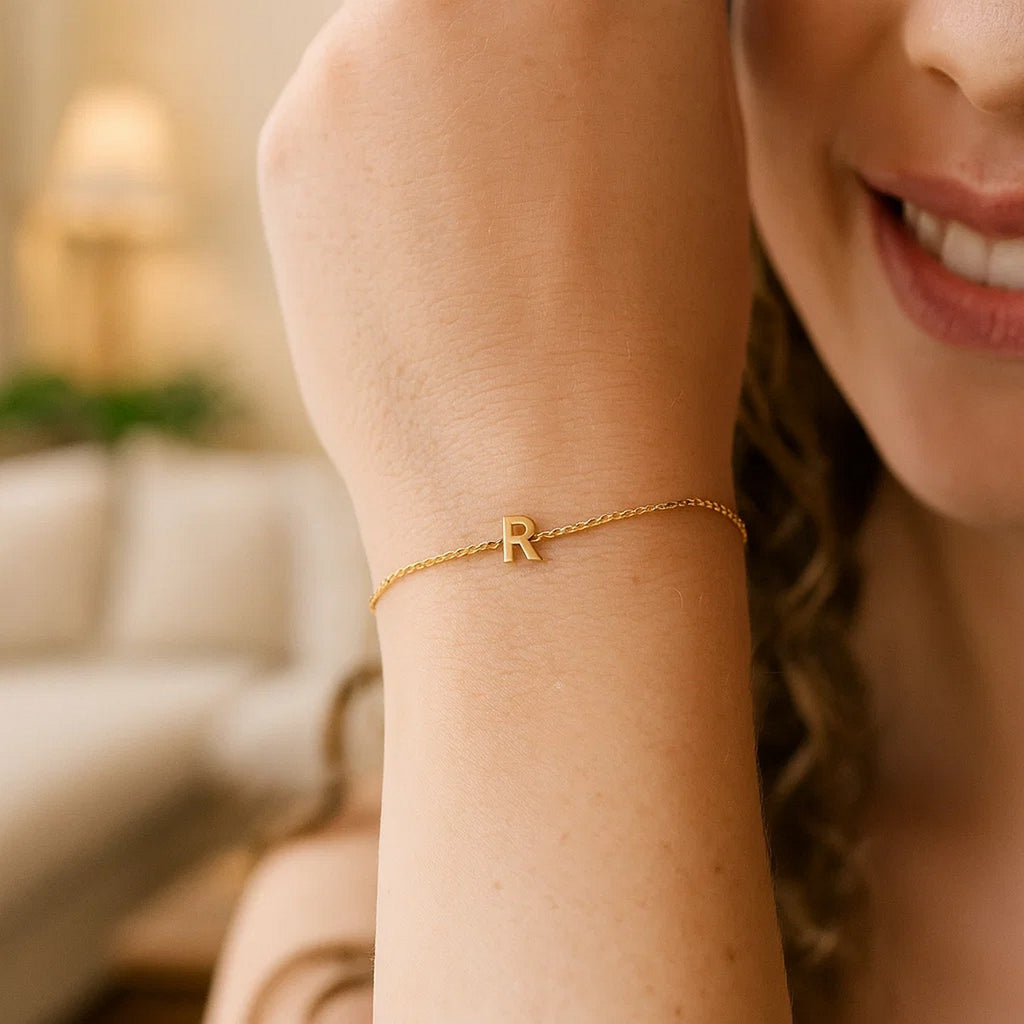 14K Yellow Gold Mini Initial R Bracelet
