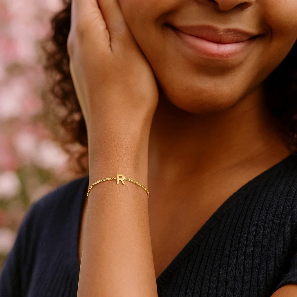 14K Yellow Gold Mini Initial R Bracelet