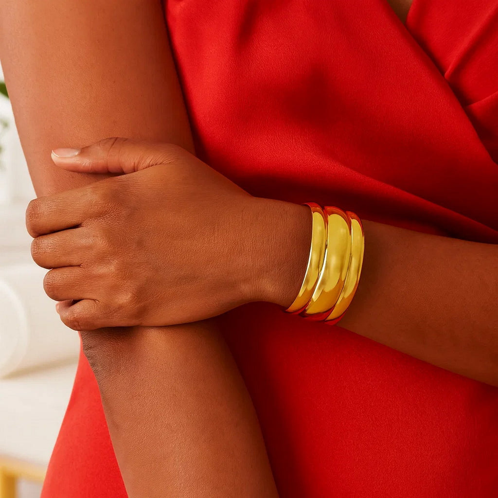 Sterling Silver Gold Plated Bold Ribbed Cuff Bangle (25.00 mm)