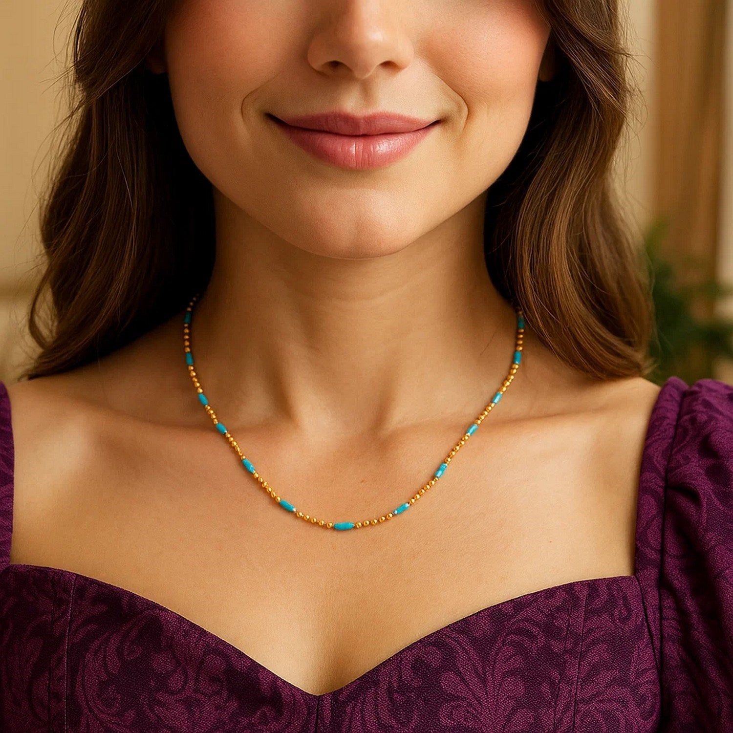 Sterling Silver Gold Plated Blue Enamel Beaded Necklace
