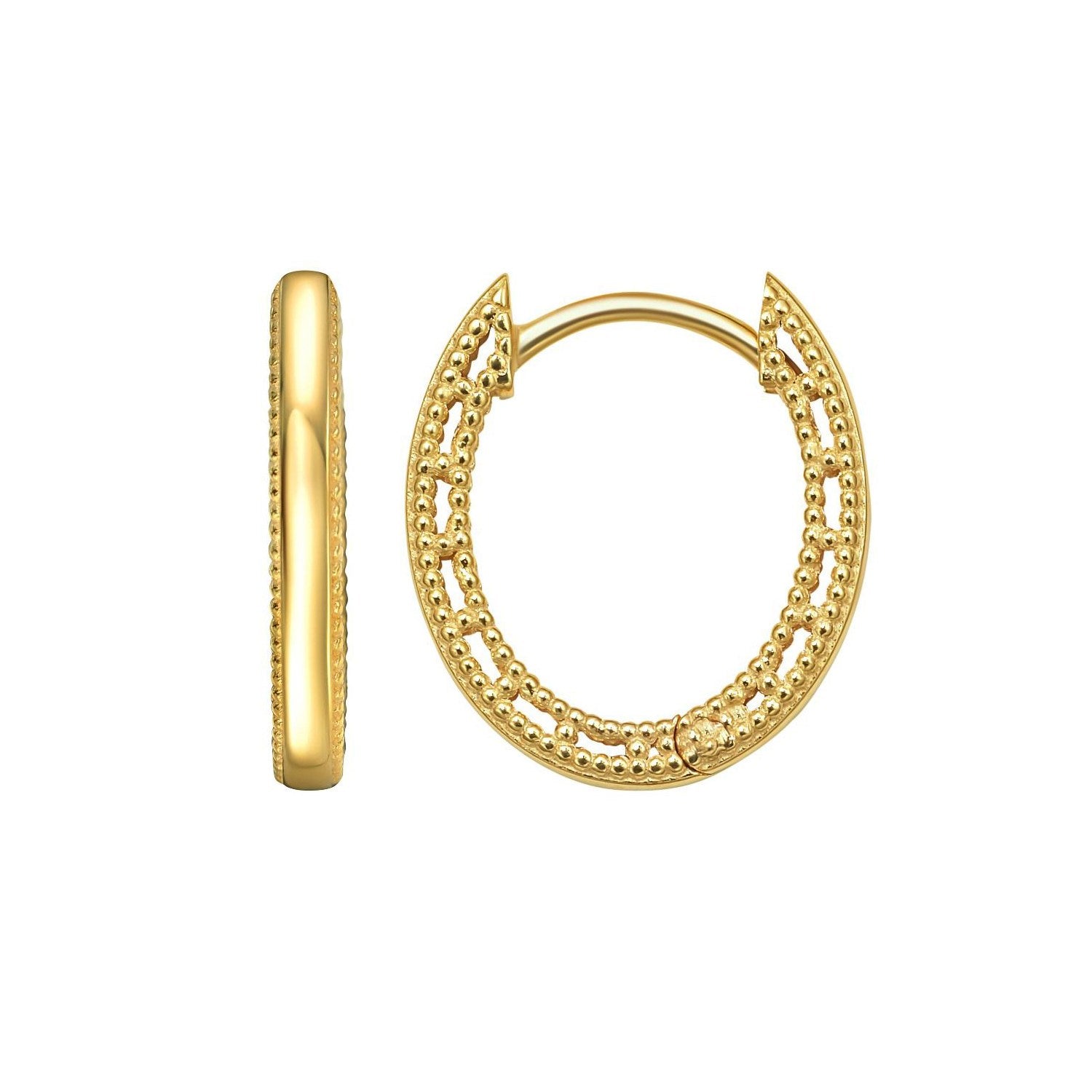 14K Yellow Gold Mini Beaded Oval Huggie Earrings