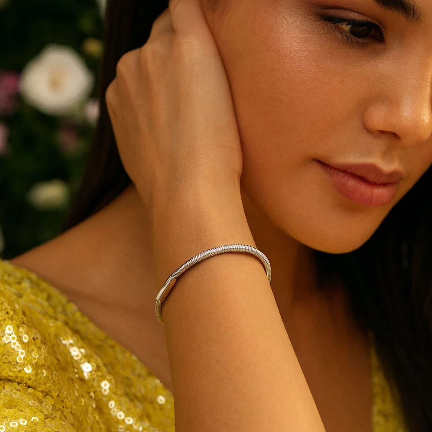 Sterling Silver Rhodium Plated Basketweave Stretch Bangle