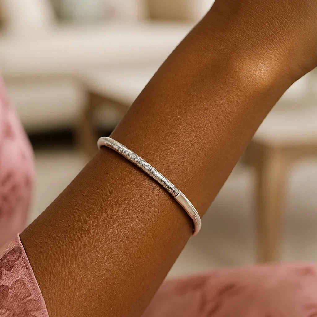 Sterling Silver Rhodium Plated Basketweave Stretch Bangle