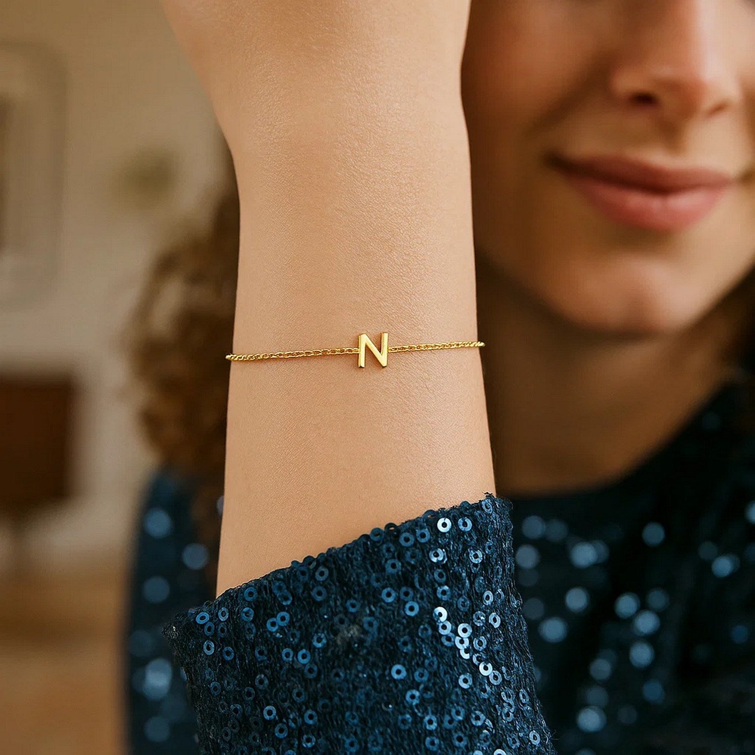 14K Yellow Gold Mini Initial N Bracelet