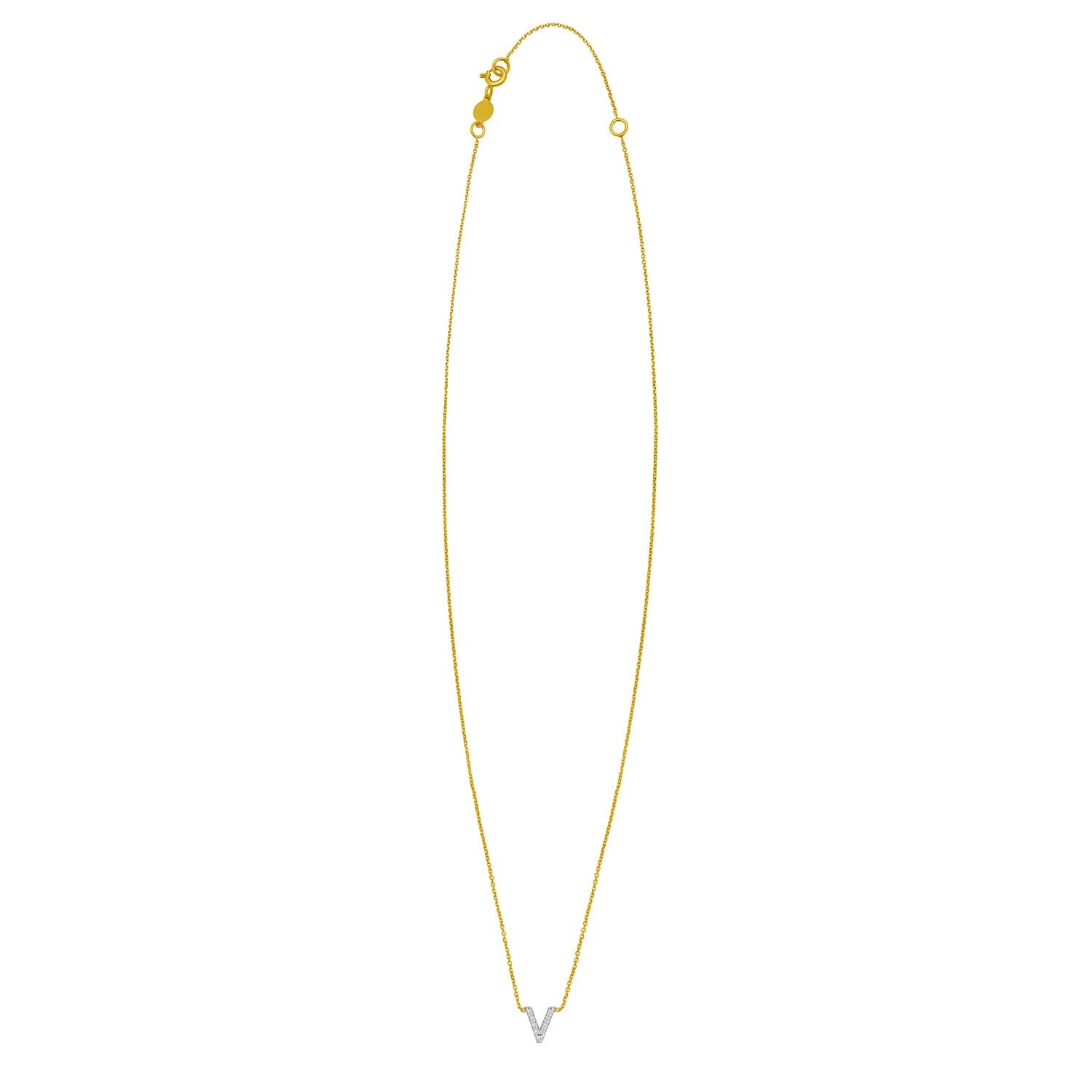 14K Yellow Gold Mini Diamond V Initial Pendant Necklace