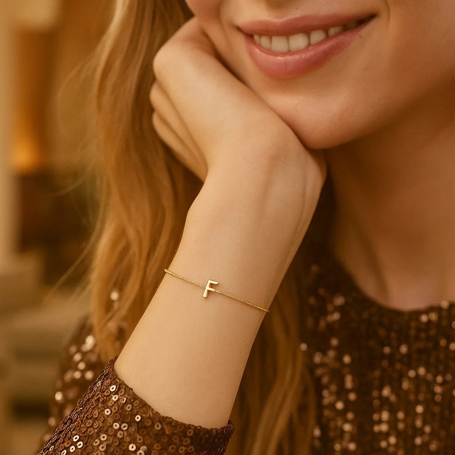 14K Yellow Gold Mini Initial F Bracelet