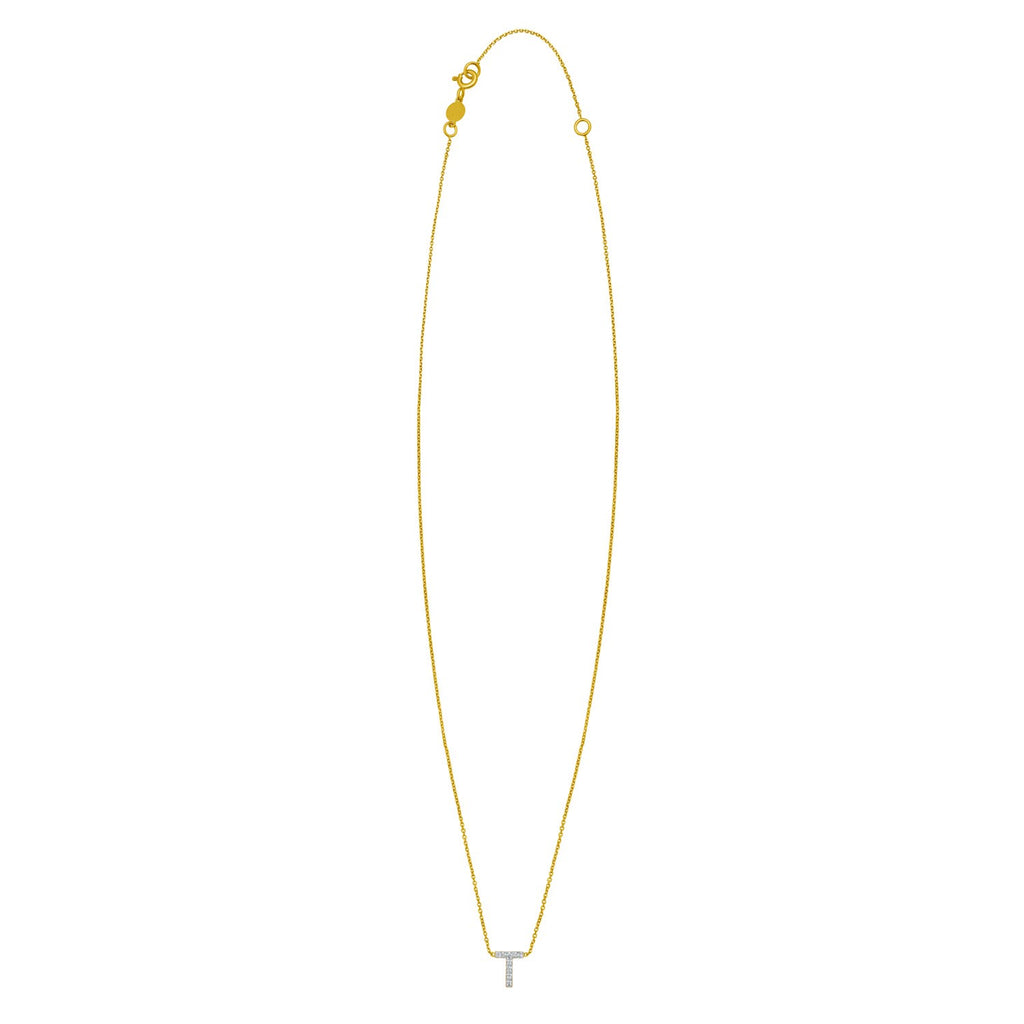 14K Yellow Gold Mini Diamond T Initial Pendant Necklace