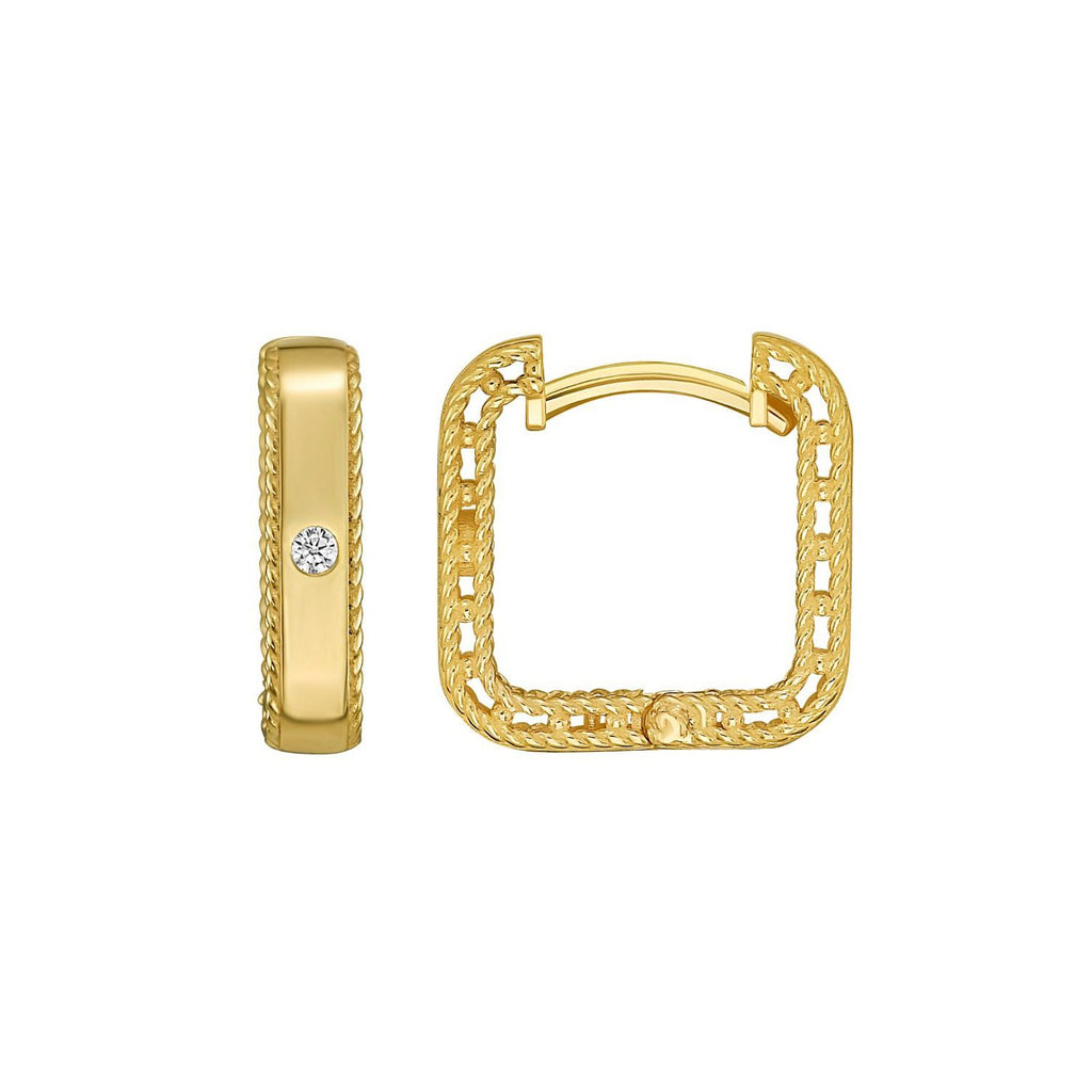 14K Yellow Gold Diamond Square Huggie Earrings
