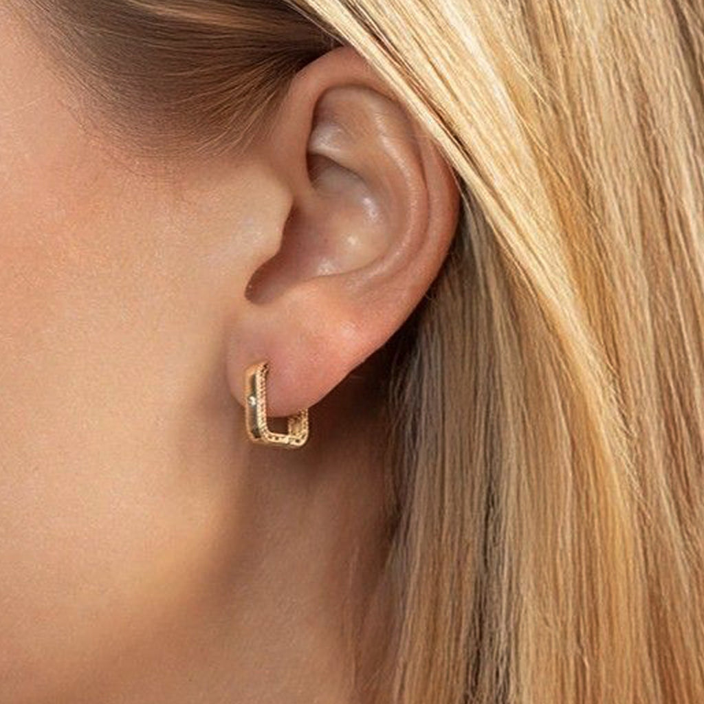 14K Yellow Gold Diamond Square Huggie Earrings