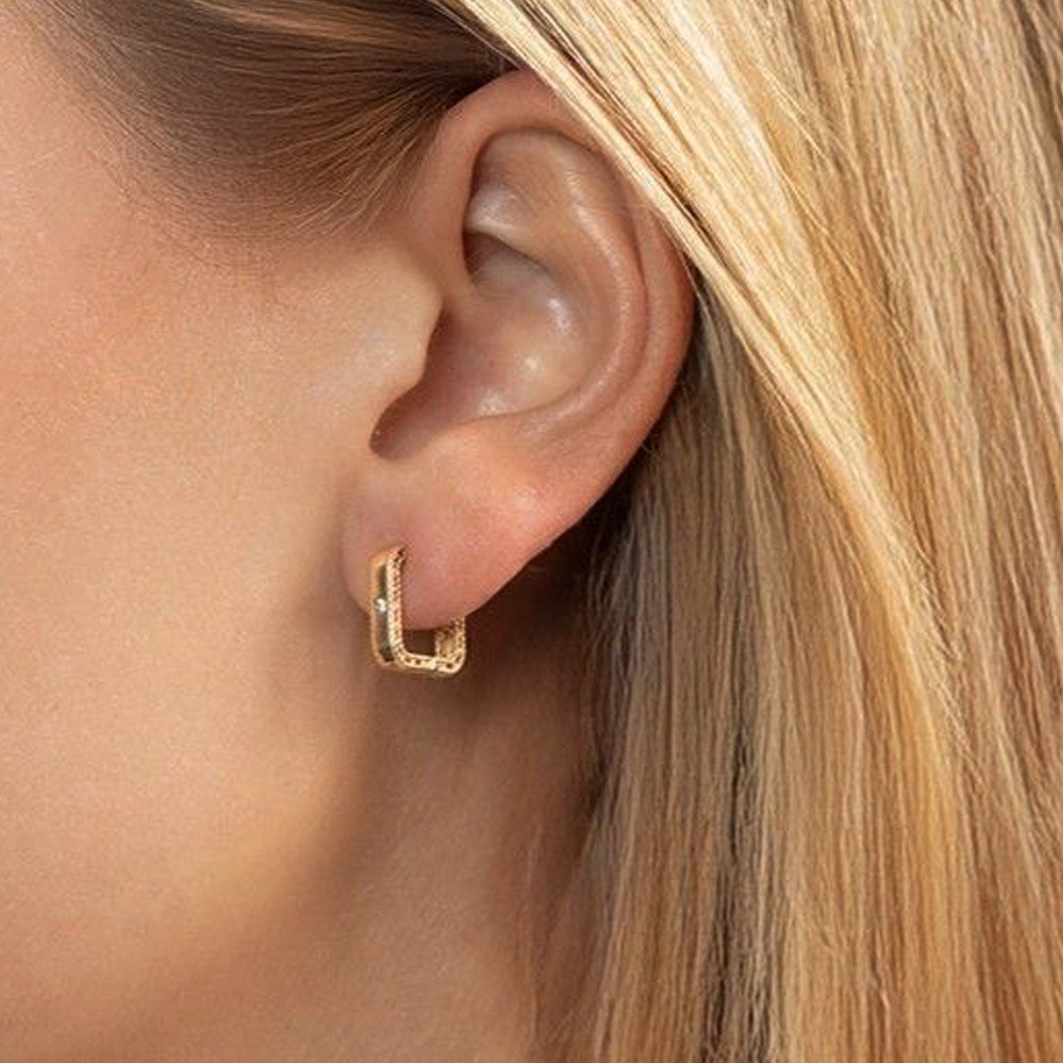 14K Yellow Gold Diamond Square Huggie Earrings