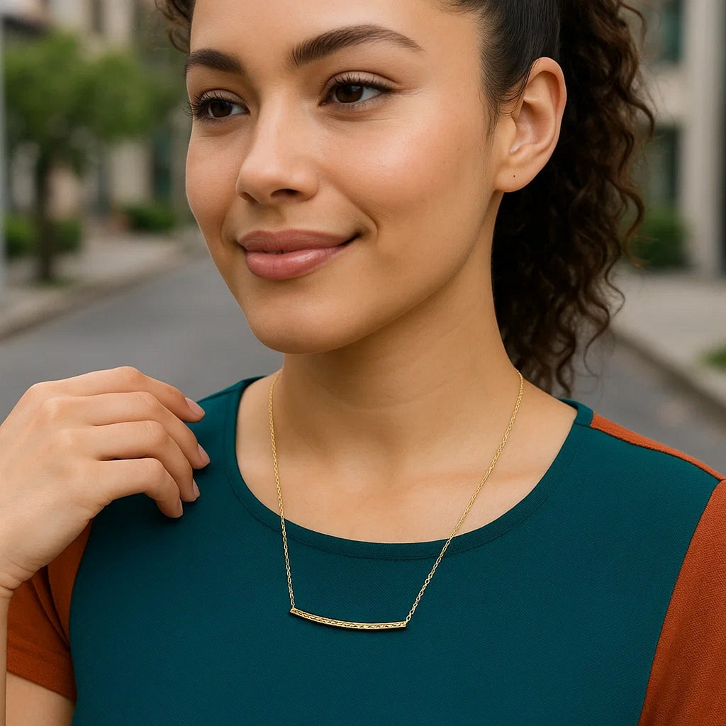 14k Yellow Gold Thin Textured Bar Necklace