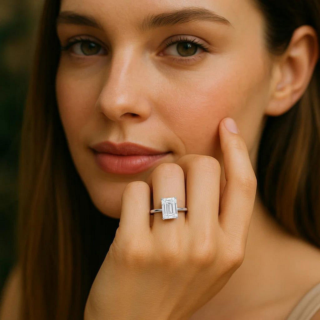 5 Carat Emerald Lab Grown IGI G/VS1 Diamond Solitaire Ring in 10K White Gold