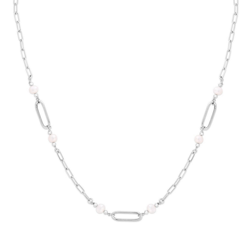 Sterling Silver Rhodium Plated Freshwater Pearl Paperclip Necklace