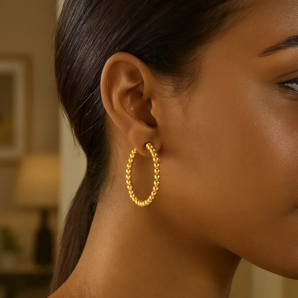 14K Yellow Gold Polished Large Bead Hoop Earrings